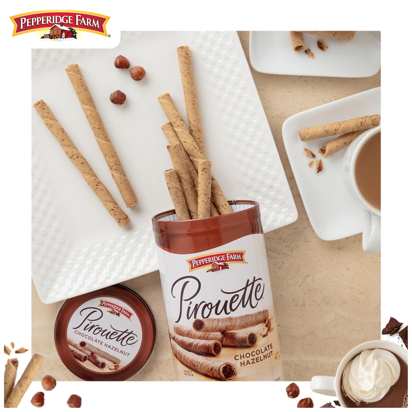 Pepperidge Farm Pirouette Cookies, Chocolate Hazelnut Cr  me Filled Wafers, 13.5 Oz Tin (Pack of 2)