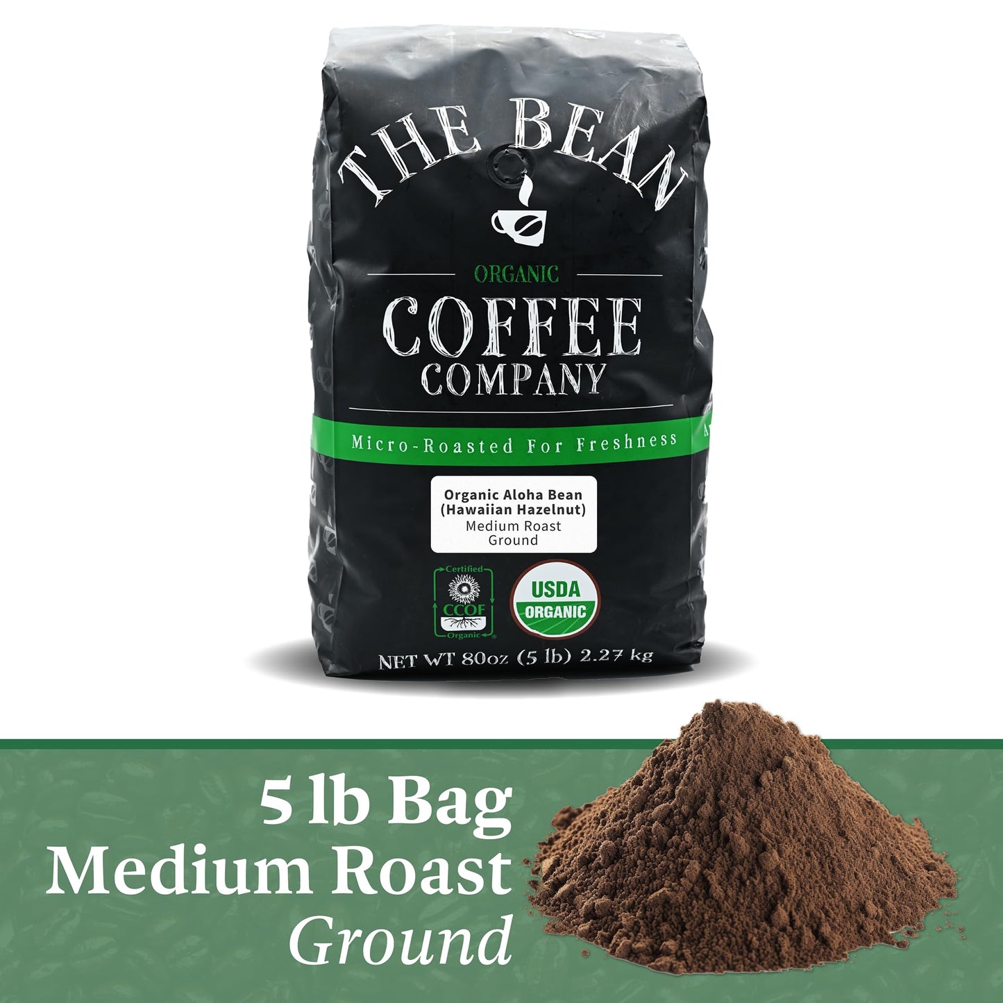 The Bean Organic Coffee Company Aloha Bean (Hawaiian Hazelnut), Medium Roast, Ground Coffee, 5-Pound Bag