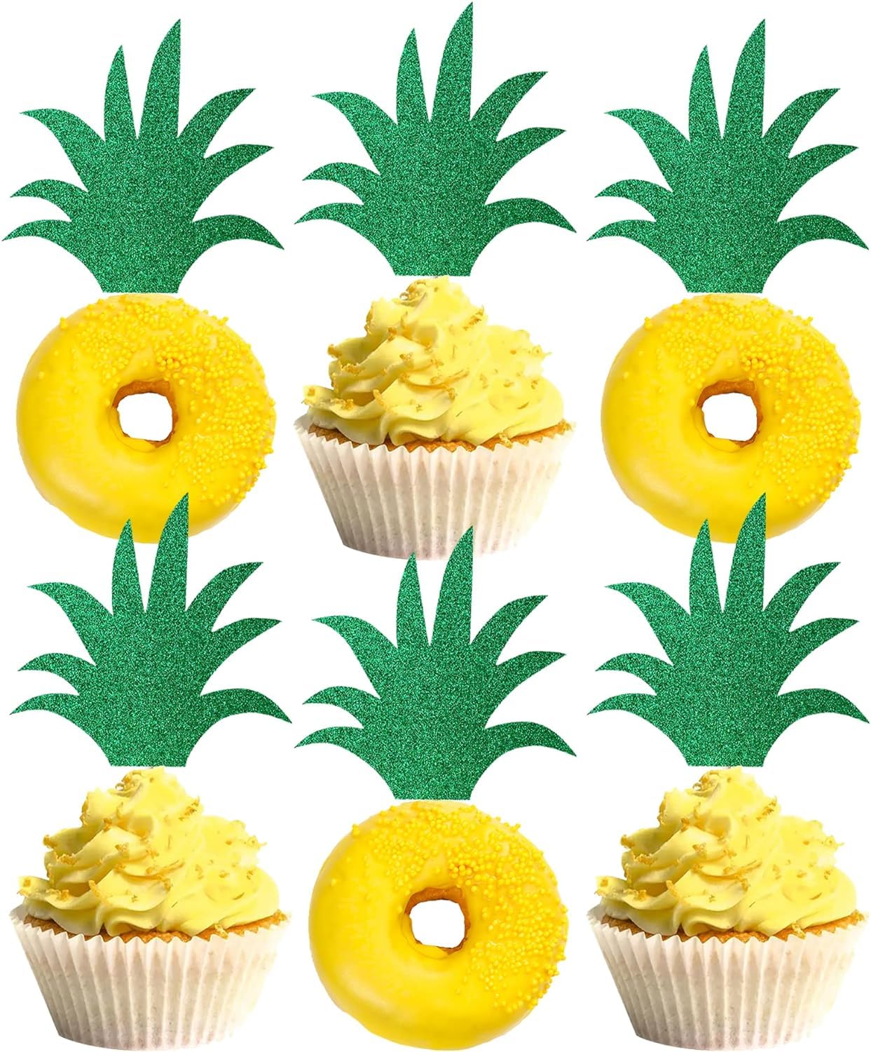 Rsstarxi Pineapple Leaf Cupcake Toppers, Green Glitter, 2.1x4.8 inches, Model XM094, Tropical Theme Party Supplies