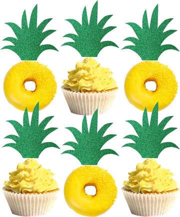 Rsstarxi Pineapple Leaf Cupcake Toppers, Green Glitter, 2.1x4.8 inches, Model XM094, Tropical Theme Party Supplies