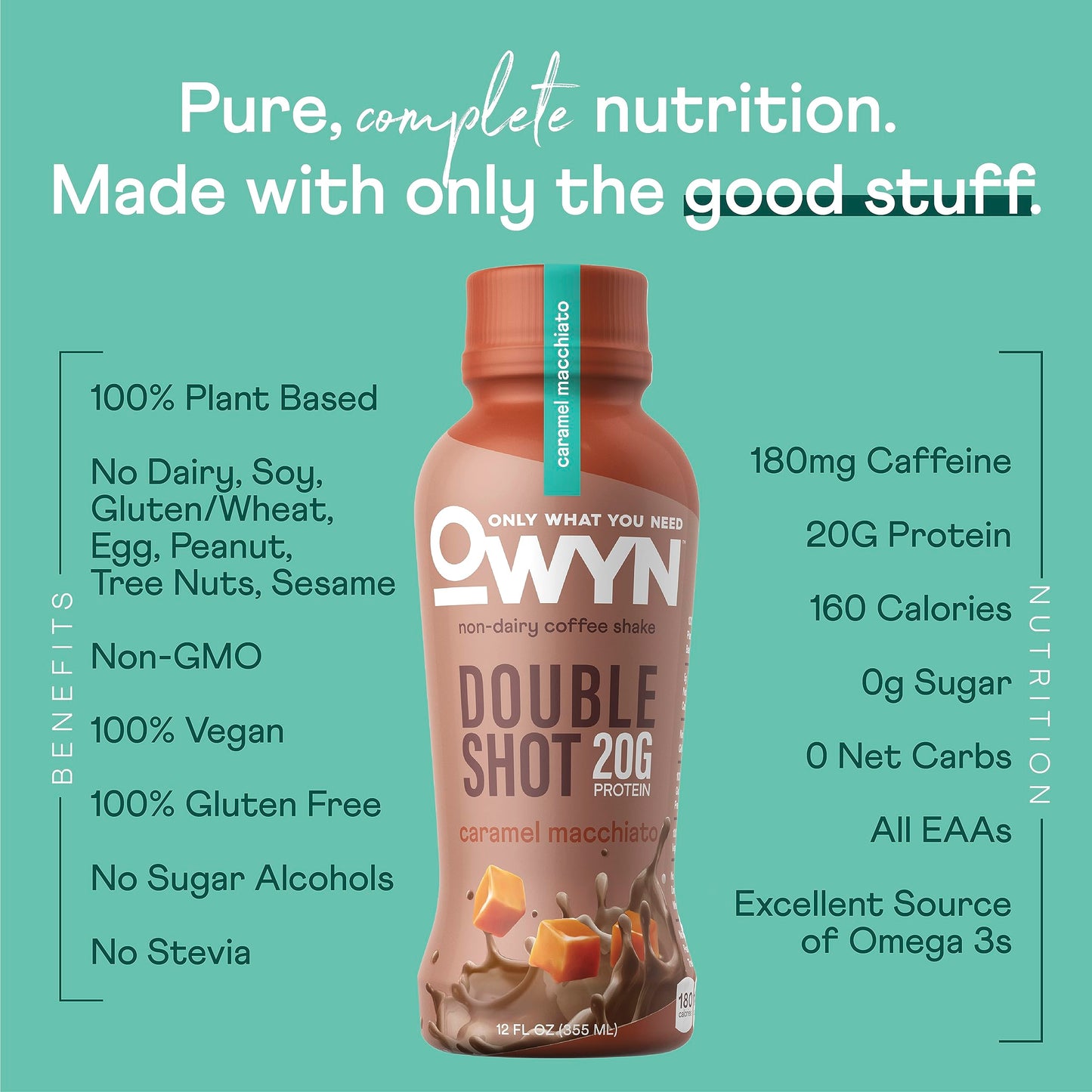 OWYN Double Shot Protein Coffee Shake, Caramel Macchiato, 20g Plant-Based Protein, 180mg Caffeine, 12 Fl Oz (Pack of 12)