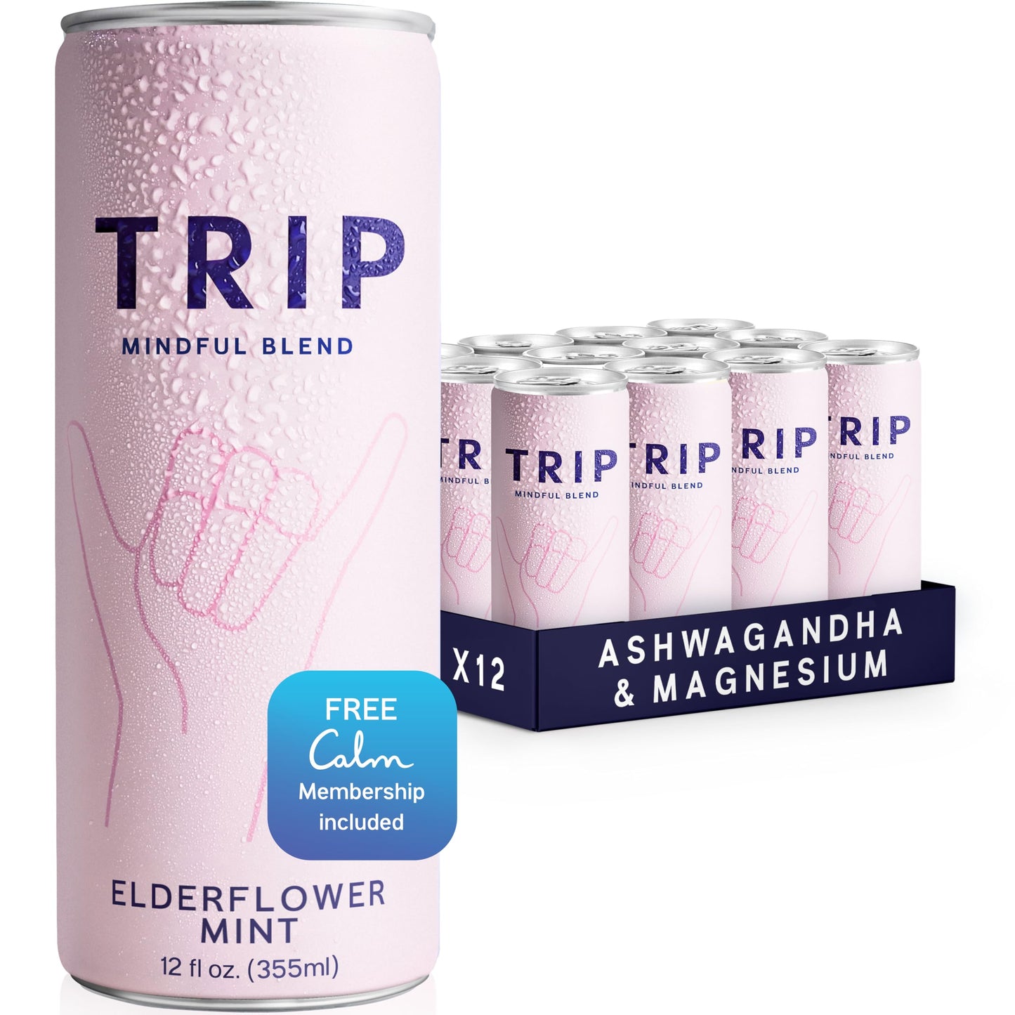 TRIP Mindful Blend Adaptogen Seltzer, Elderflower Mint, 12 Fl Oz (Pack of 12), Vegan, No Added Sugar