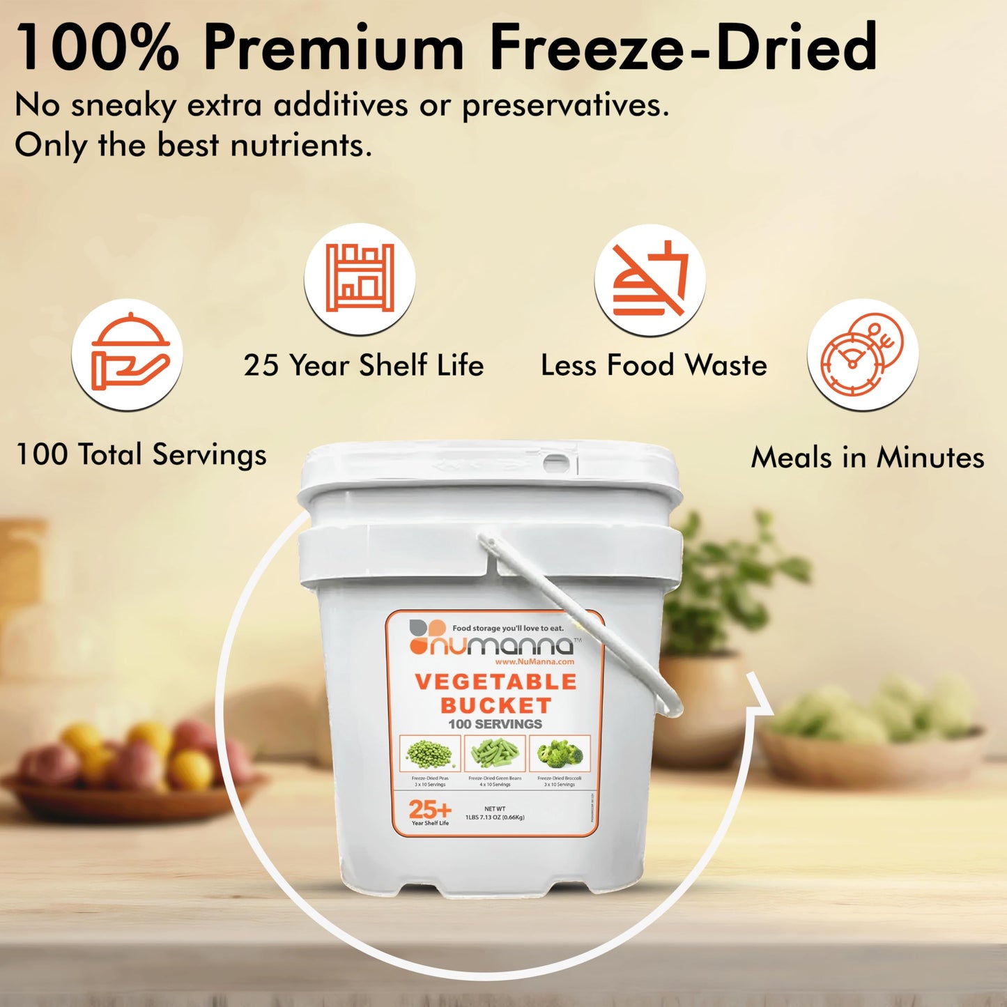 Numanna Freeze-Dried Vegetables Bucket | 100 Servings Contains Peas, Green Beans & Broccoli | Non-Gmo, No Preservatives, No Msg Camping And Emergency Veggie Meal Survival Food With 25 Years Shelf Life