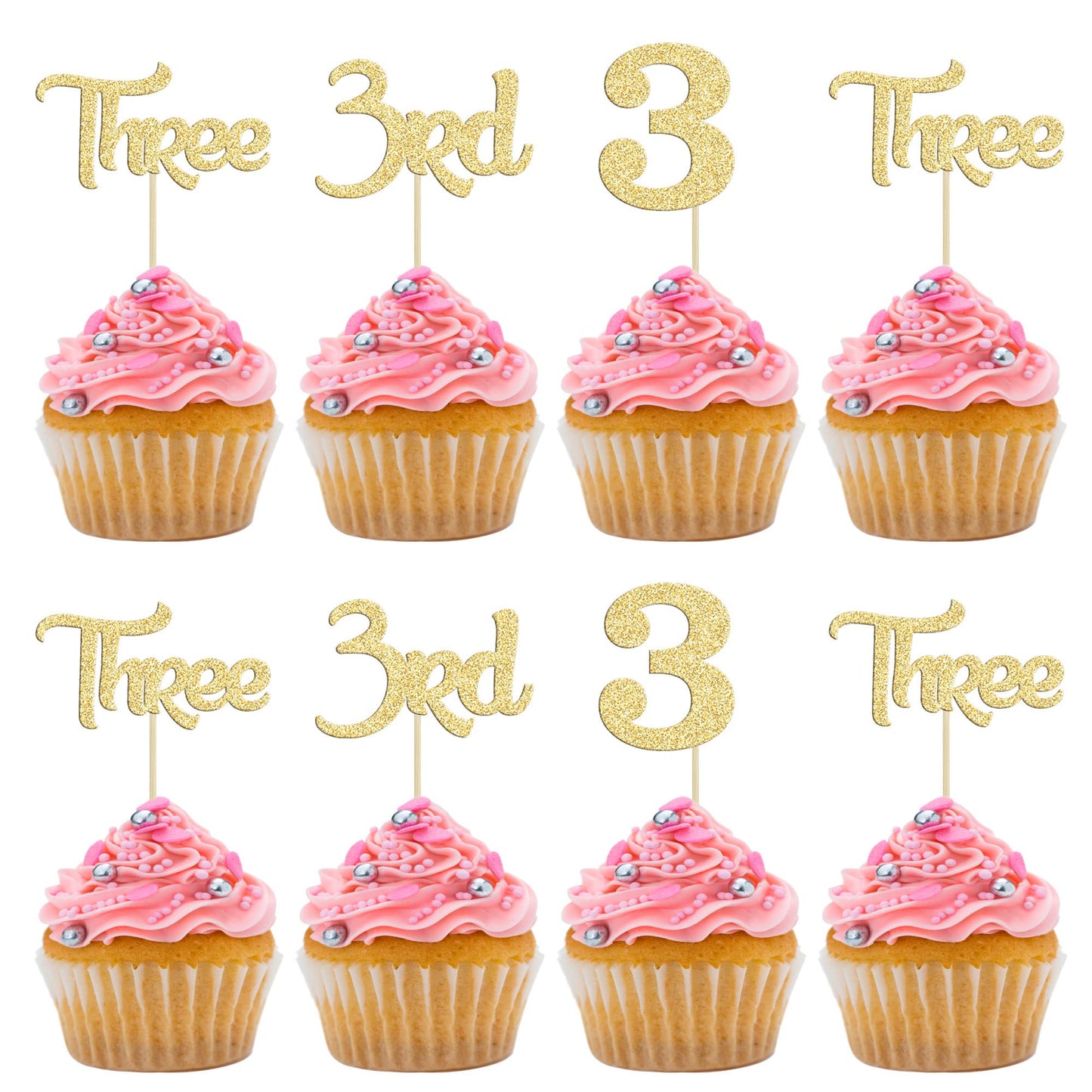 24 Pack 3rd Birthday Cupcake Toppers Glitter Third Birthday Three Cupcake Picks for Baby Shower 3rd Birthday Anniversary Party C