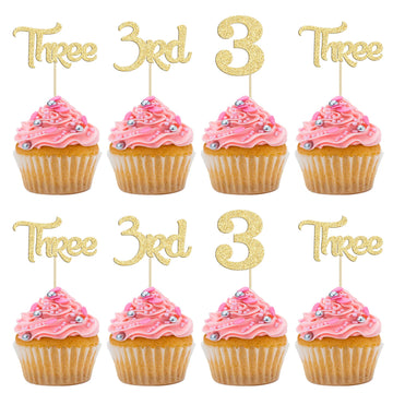 24 Pack 3rd Birthday Cupcake Toppers Glitter Third Birthday Three Cupcake Picks for Baby Shower 3rd Birthday Anniversary Party C