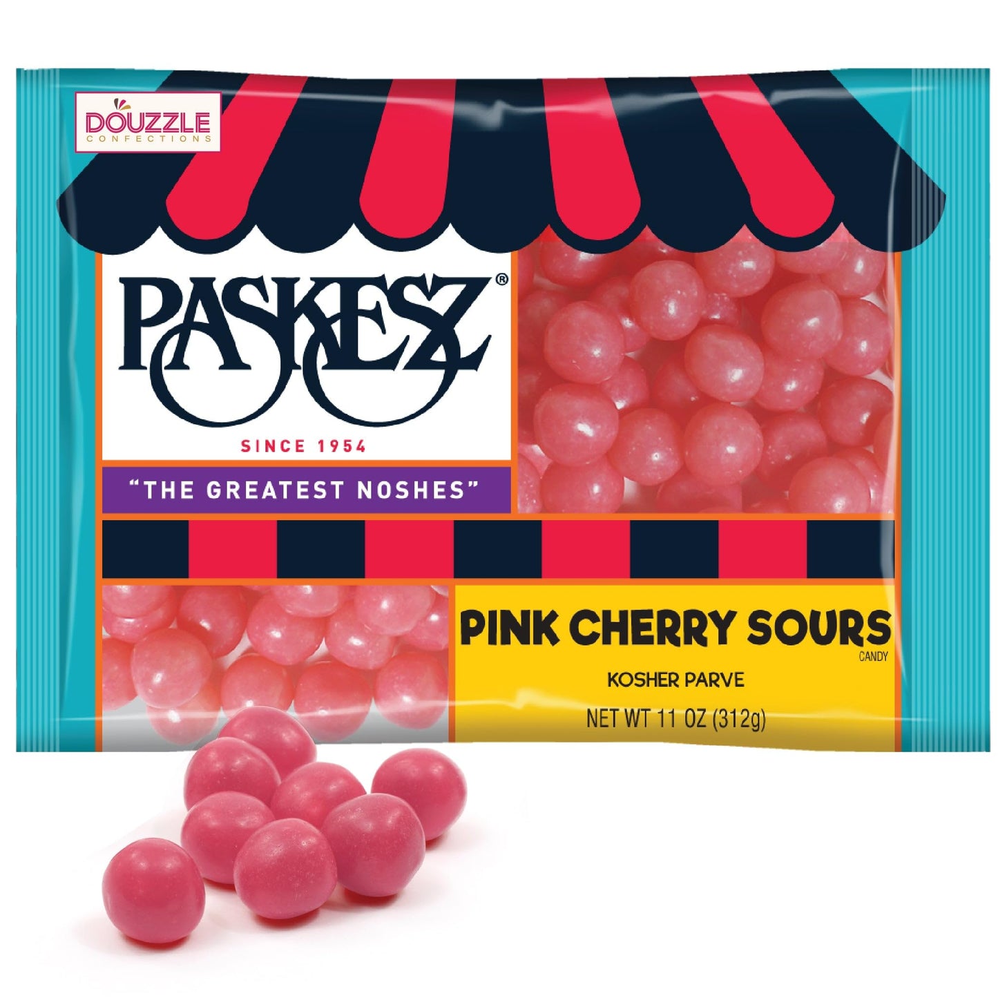 DOUzzle Back To School Cherry Sours Pink Candy Balls, Chewy Candies (11oz, 1 Pack) Party Favor, Goodie Bag & Pinata Filler - Glu