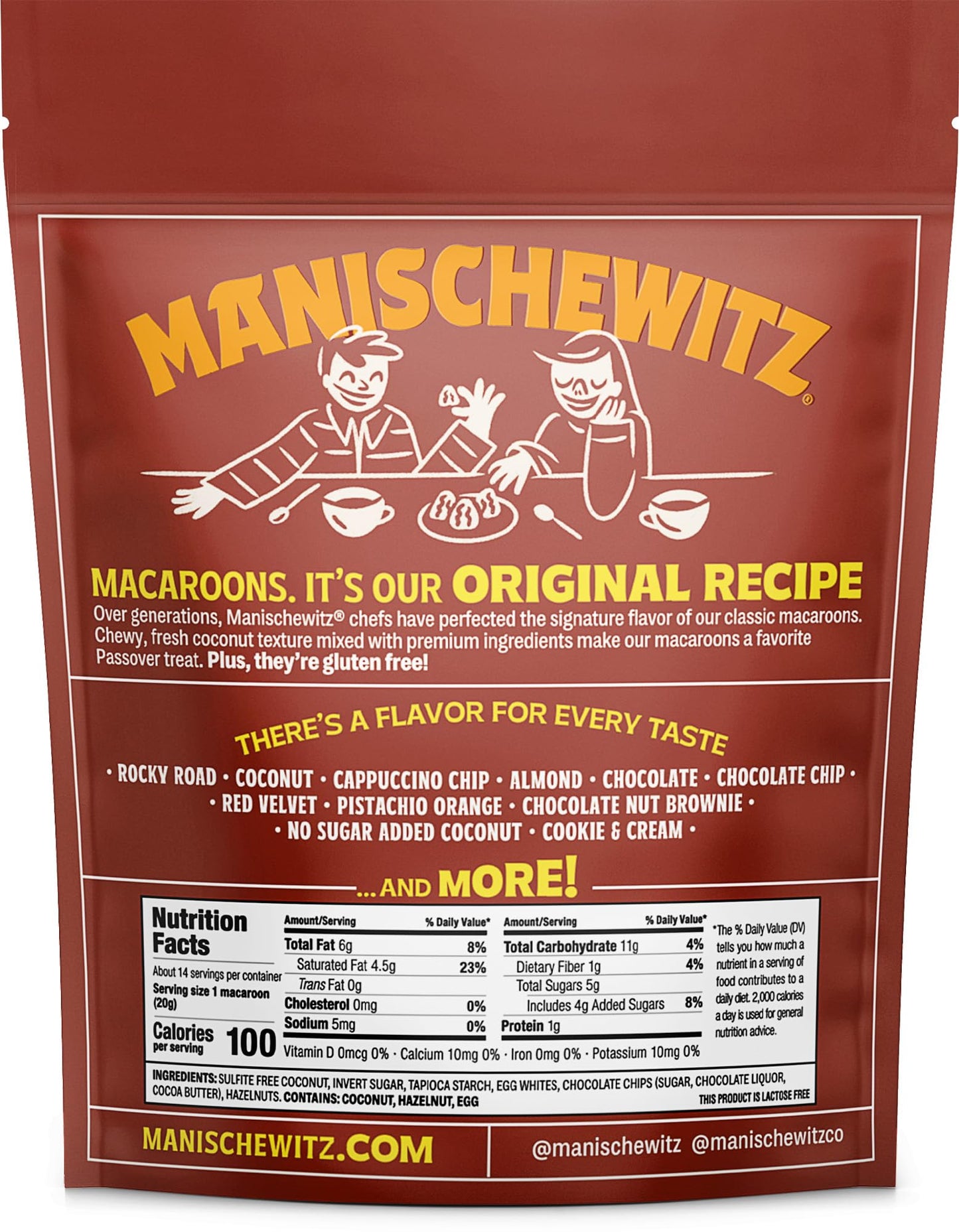 Manischewitz Hazelnut Chocolate Chip Macaroons, 10Oz | Coconut Macaroons | Resealable Bag | Dairy Free | Gluten Free Coconut Coo