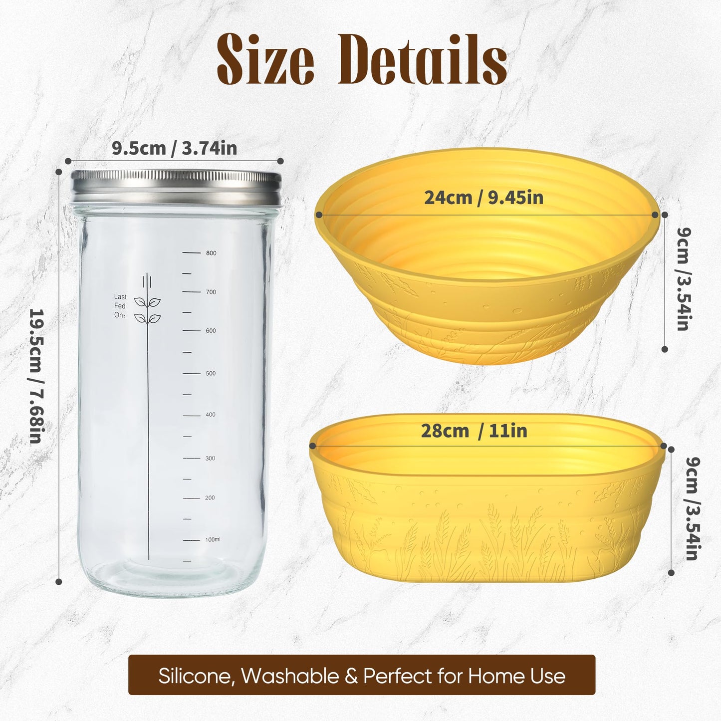 BICRET Sourdough Starter Kit – Complete Baking Supplies for Beginners, 2 Silicone Proofing Baskets, Yellow, Model FJ-3-4C