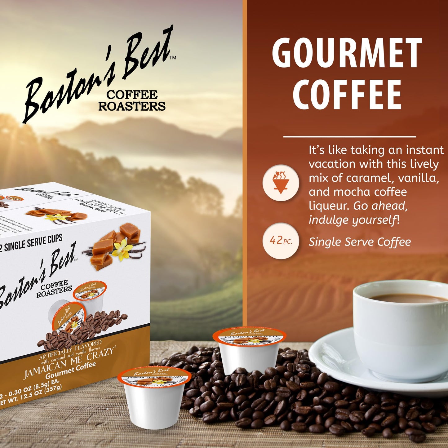 Bostons Best Jamaican Me Crazy Flavored Coffee, Gourmet 42 Single Serve Cups Compatible with Keurig, Model 017809009097