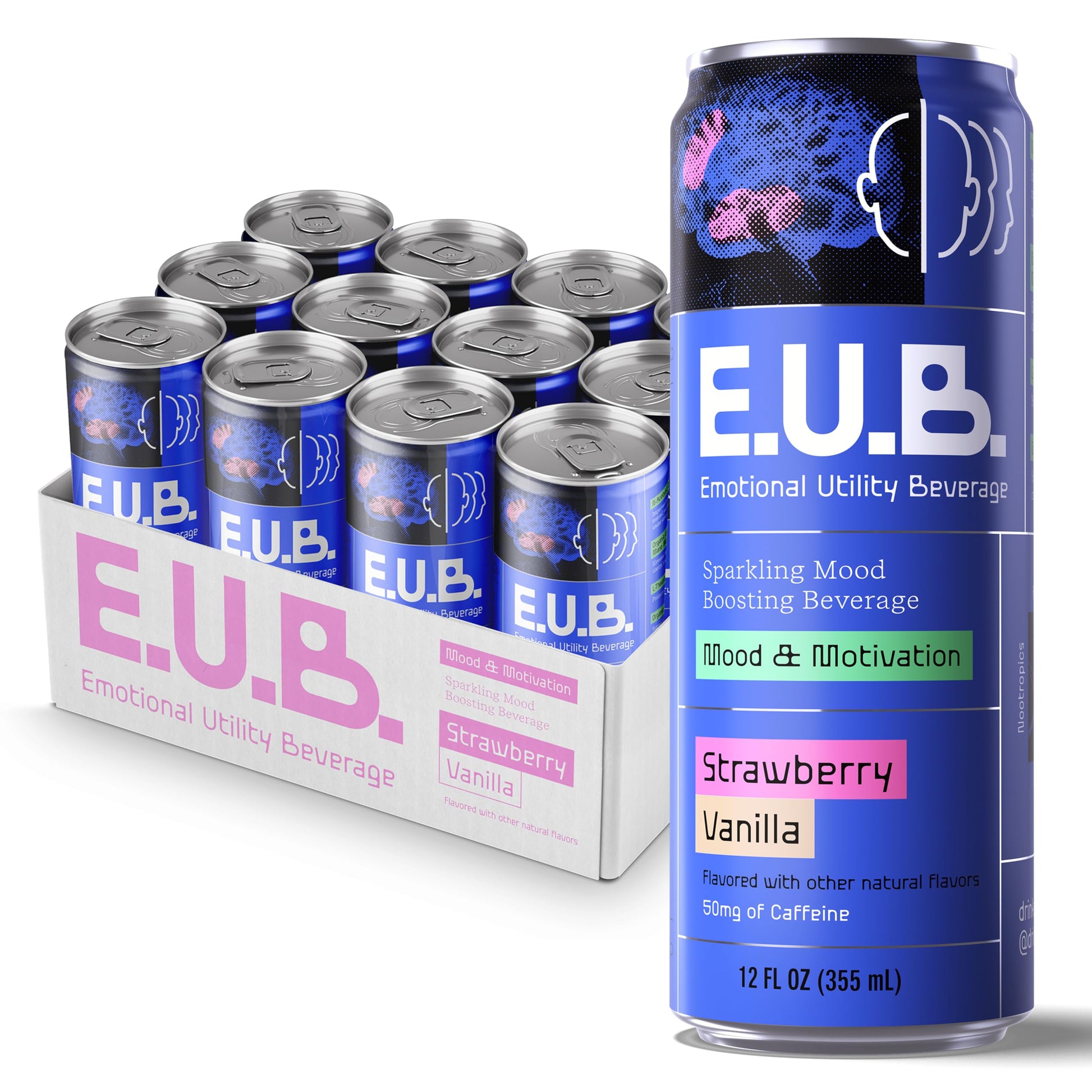 E.U.B. Strawberry Vanilla Sparkling Functional Beverage  12oz Can  50mg Caffeine  25 Calories  with Nootropics & Adaptogens for Mood & Energy Support