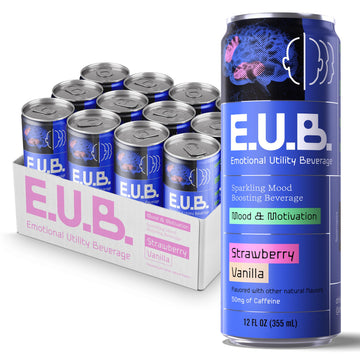 E.U.B. Strawberry Vanilla Sparkling Functional Beverage  12oz Can  50mg Caffeine  25 Calories  with Nootropics & Adaptogens for Mood & Energy Support