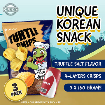 K-Munchies Orion Turtle Chips - Large 3 X 160-Gram Truffle Flavor Korean Chips - Big Bag, Party Size Tasty, Crispy Korean Corn S