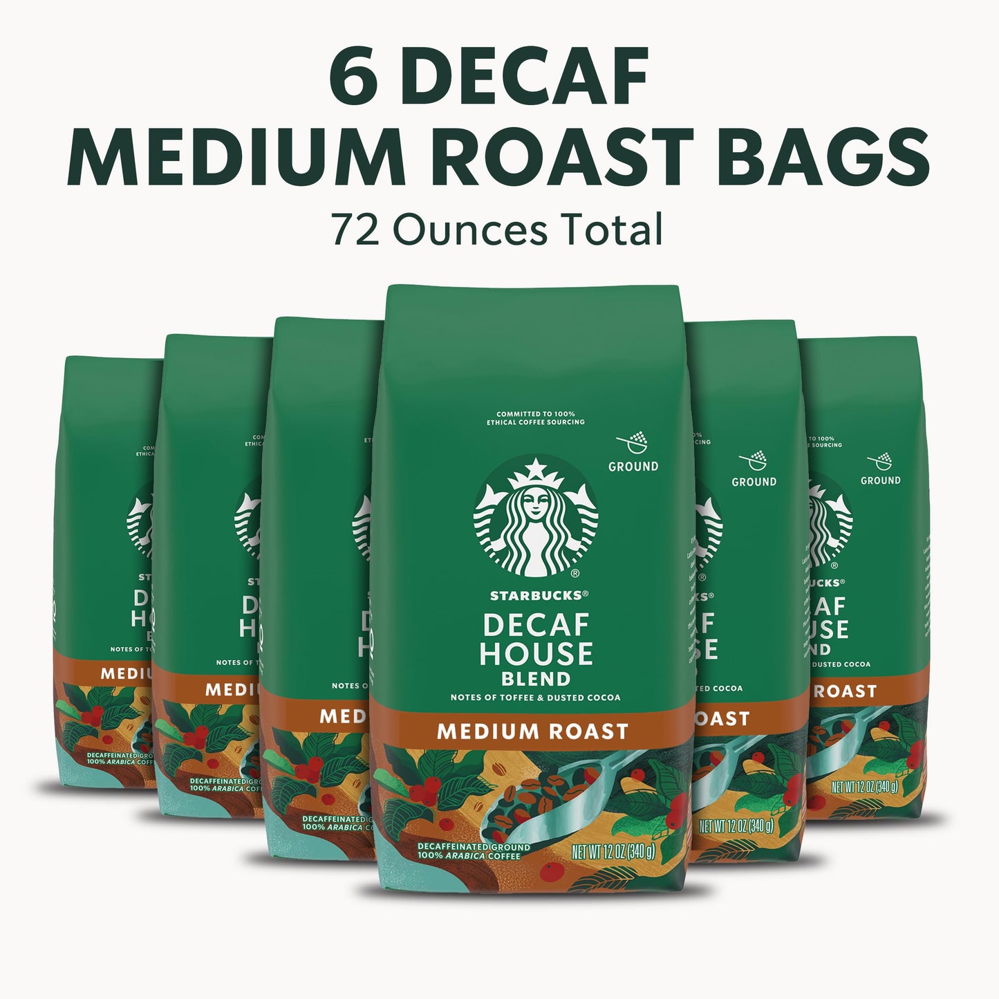Starbucks Ground Coffee, Medium Roast Coffee, Decaf House Blend, 100% Arabica, 6 Bags (12 Oz Each)