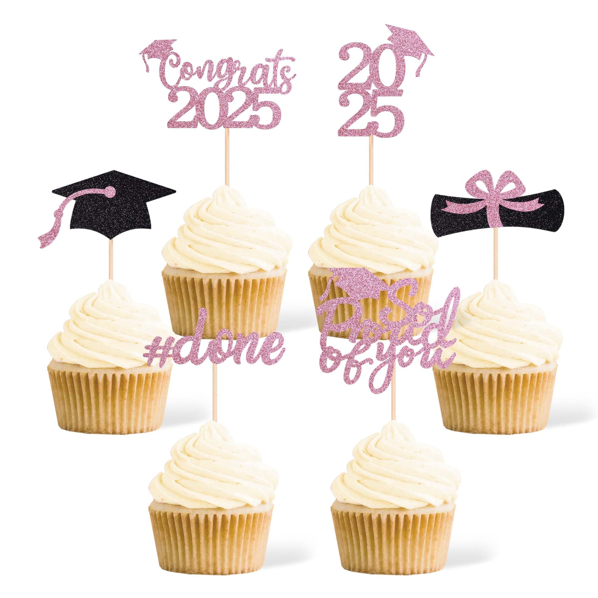 Gexolenu 36 pcs Class of 2025 Graduation Cupcake Toppers, Pink Glitter Double-Sided Grad Cap Cake Picks for Party Supplies, Deco