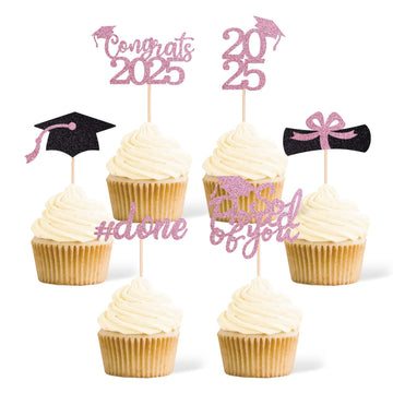 Gexolenu 36 pcs Class of 2025 Graduation Cupcake Toppers, Pink Glitter Double-Sided Grad Cap Cake Picks for Party Supplies, Deco