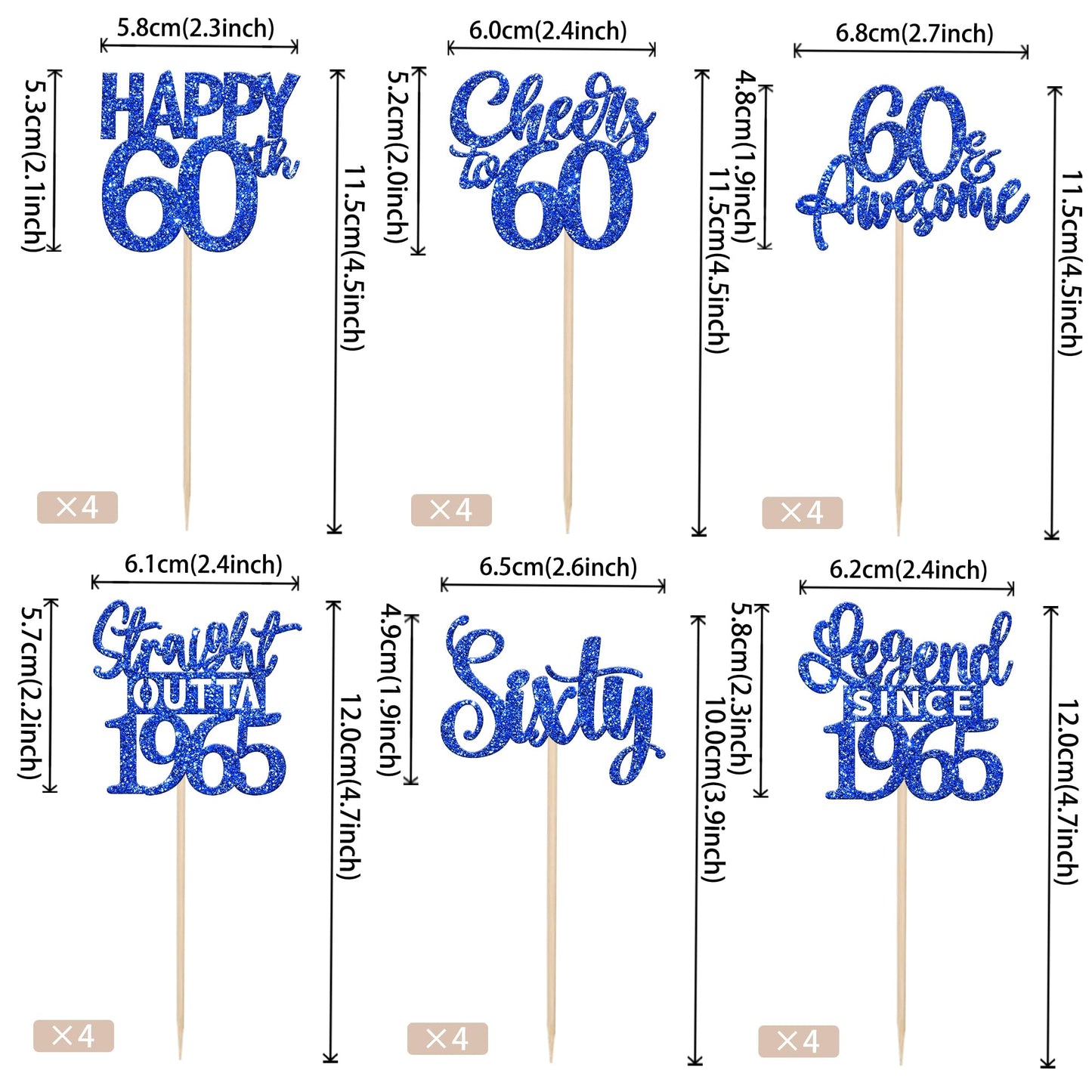 ZHUOWEISM 24PCS Cupcake Toppers, Blue Paper Decorations for 60th Birthday Party, Cheers to 1965