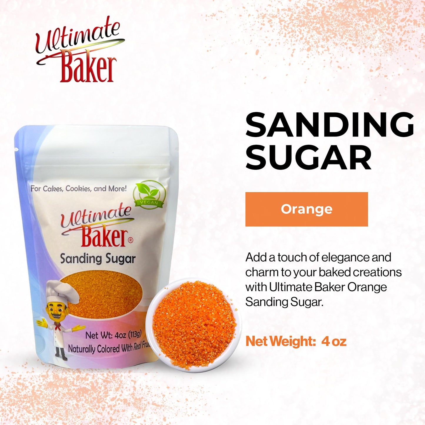 Ultimate Baker Sanding Sugar, Orange, Medium Crystal, 4oz