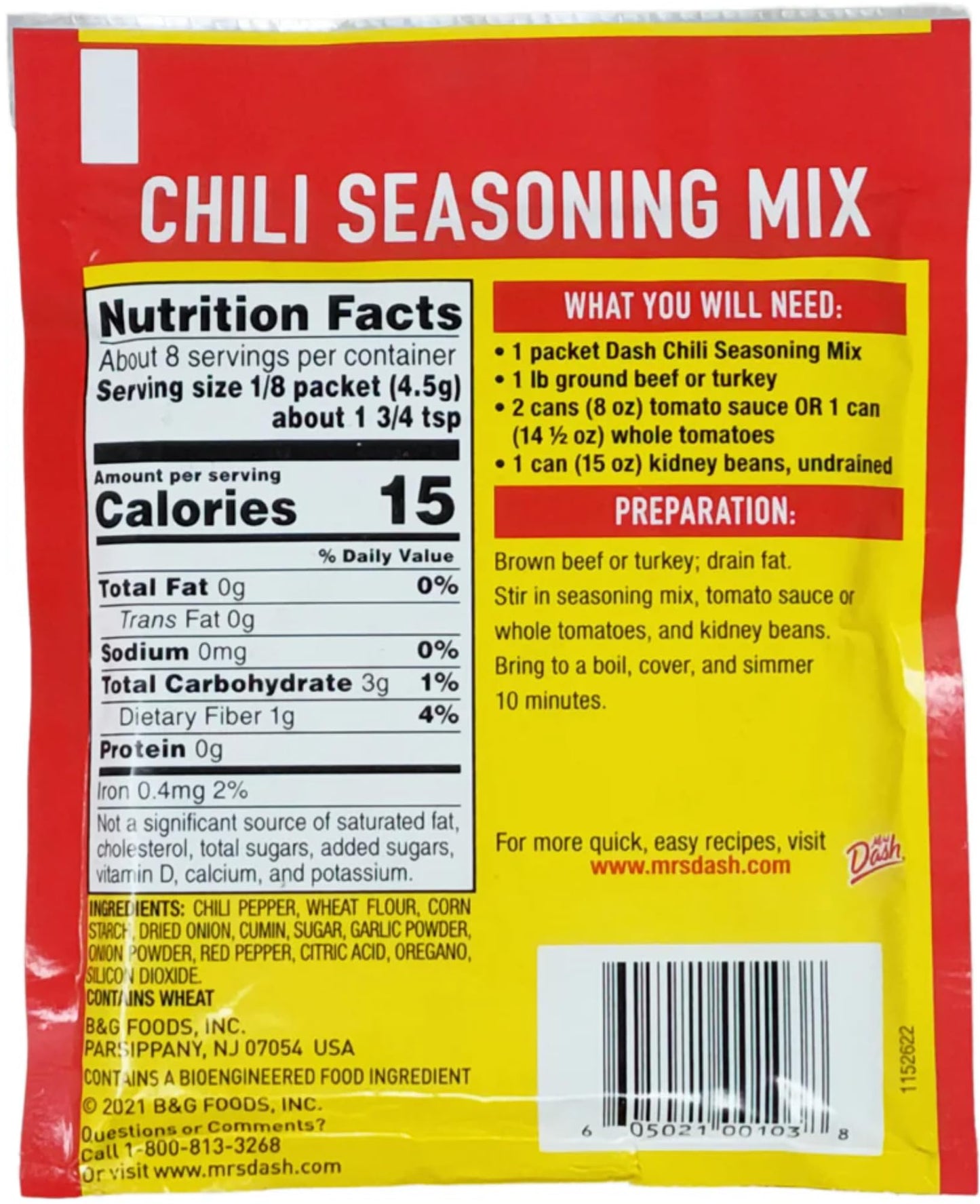 Mrs Dash Salt Free Chili Mix (1.25 oz Packets) 4 Pack