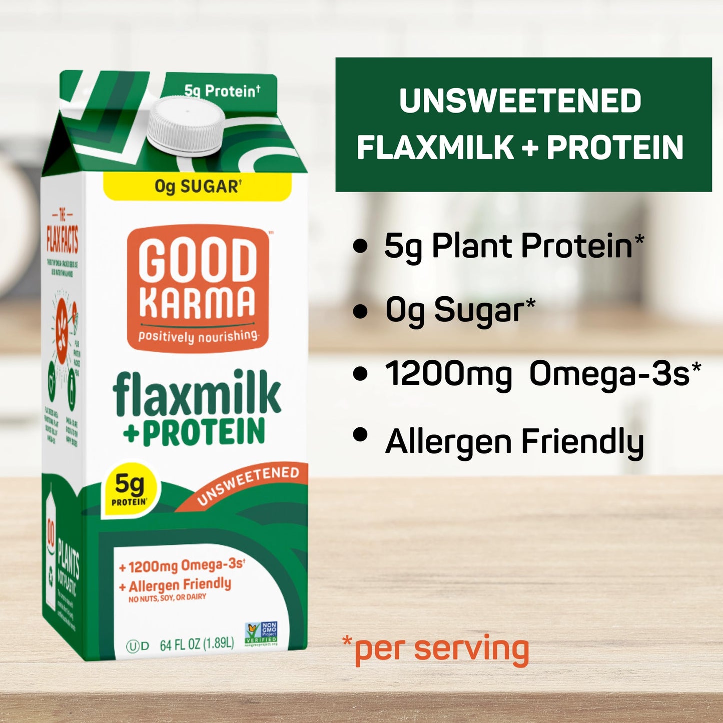 Good Karma Unsweetened Flaxmilk +Protein, 64 Ounce, 5g Plant Protein + 1200mg Omega-3 Per Serving, Plant-Based Non-Dairy Milk Al