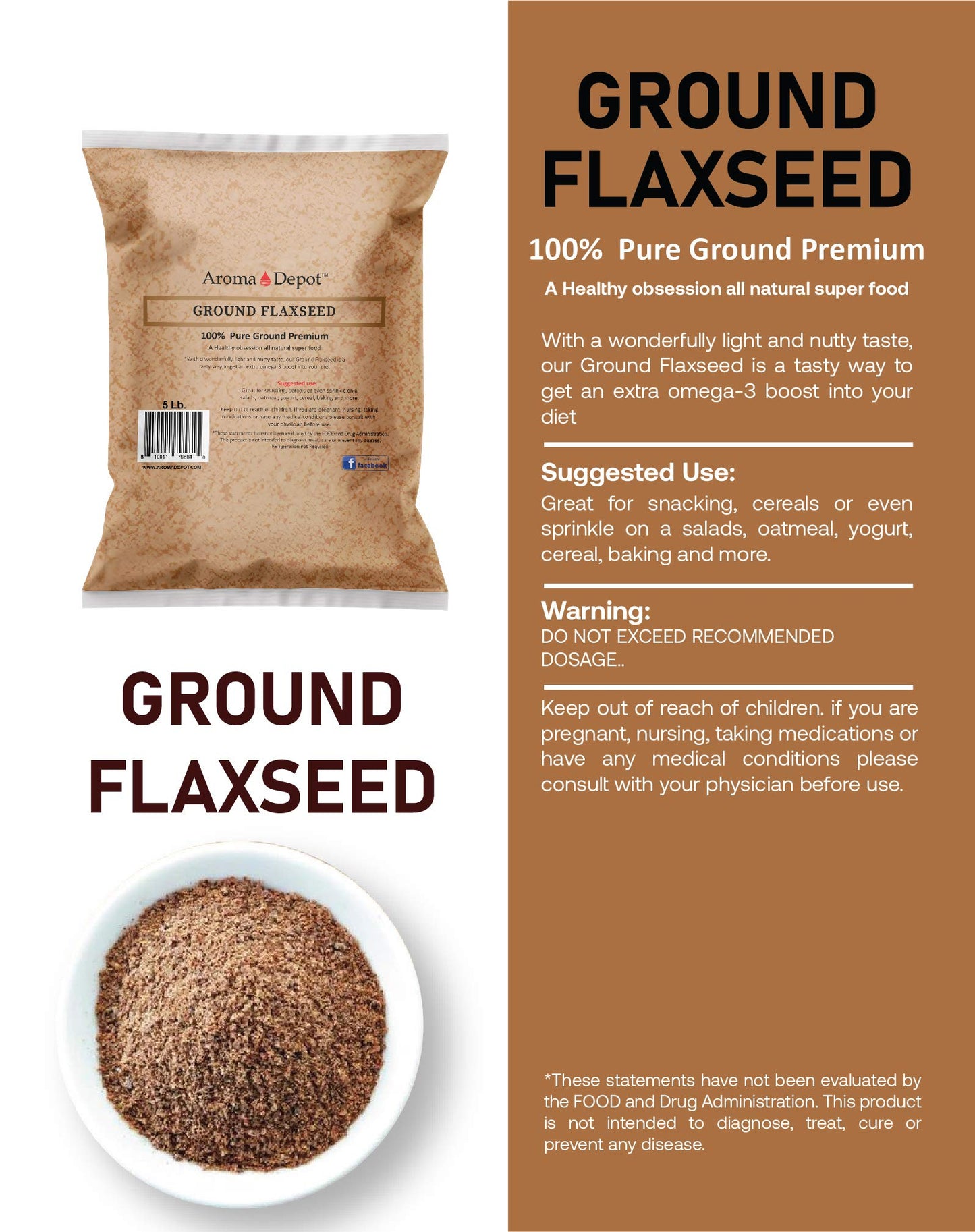 8Oz Ground Brown Flaxseed Flax Seed Powder Omega-3 Fats | Non Gmo | Gluten-Free | 8 Ounces Semillas De Linaza En Polvo