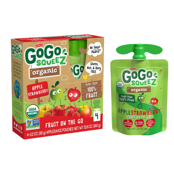 Gogo Squeez Organic Applesauce, Apple Strawberry, 3.2 Ounce (4 Pouches), Gluten Free, Vegan Friendly, Unsweetened Applesauce, Re
