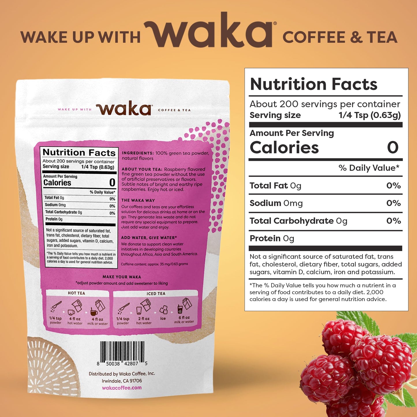 Waka Instant Green Tea Mix, Raspberry Flavored, 100% Tea Leaves, Unsweetened, 4.5oz Pouch, Makes Up to 200 Cups
