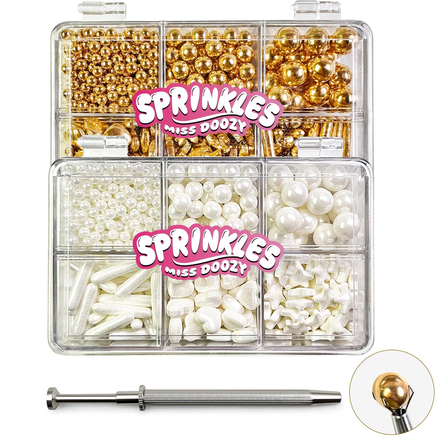 Gold Sprinkles and White Sprinkles 2 Pack with 4-Claw Pick up Tool, 13oz Pearl Sprinkles Mix Size for Baking, Cupcake, Cookie, C