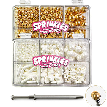 Gold Sprinkles and White Sprinkles 2 Pack with 4-Claw Pick up Tool, 13oz Pearl Sprinkles Mix Size for Baking, Cupcake, Cookie, C