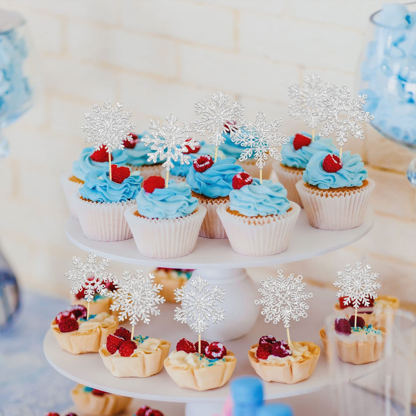 Gyufise 36Pcs Snowflake Cupcake Toppers Glitter Winter Frozen Theme Snowflake Cupcake Picks For Winter Wonderland Baby Shower Ki