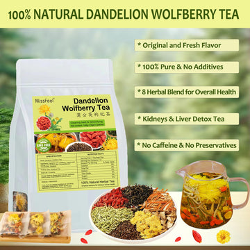 Miss feel Dandelion Wolfberry Tea - 12 Pcs Kidney & Liver Detox Blend, 144g (12gx12 packs) with 8 Chinese Herbal Ingredients