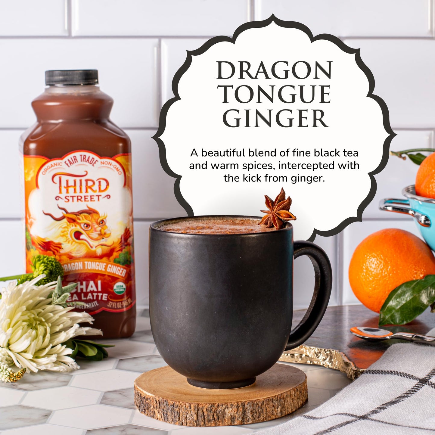 Third Street Chai Organic Dragon Tongue Ginger Chai Concentrate, 32 Fl Oz, Black Tea Latte, Vegan, Gluten Free, Kosher, Non-GMO