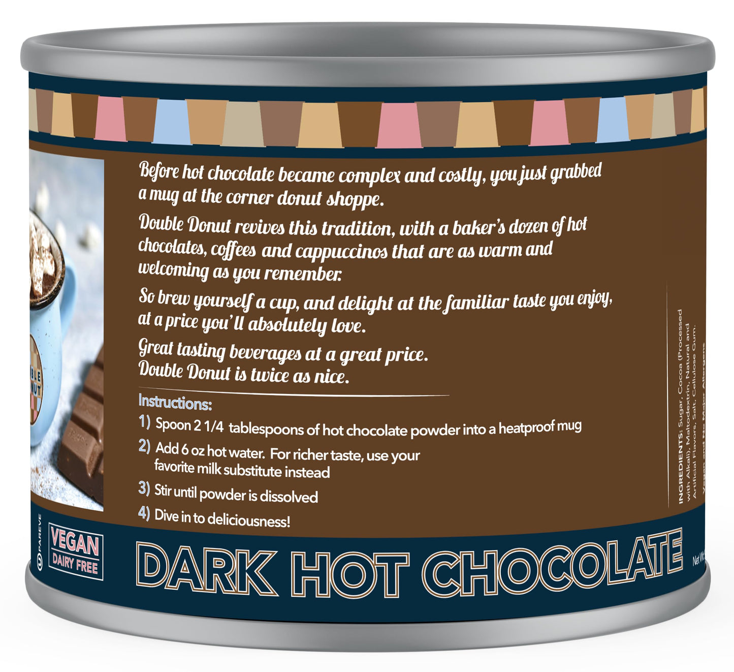 Double Donut Dark Vegan Hot Chocolate Mix, Gluten Free, Dairy Free, 12 Ounce Canister