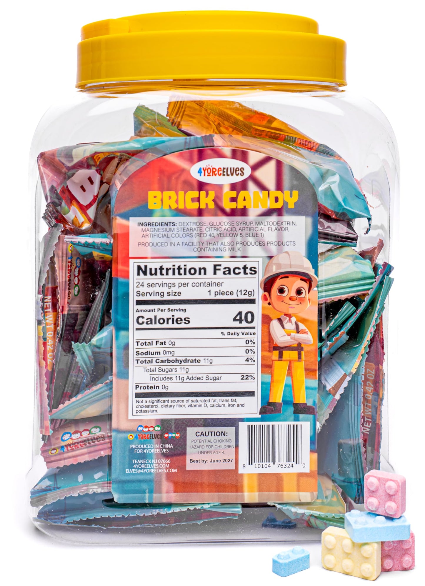 Candy Bricks, 24 Individual Party Favor Bags Of Tutti Frutti Flavored Candy Blocks For Construction Themed Fun, Brick Shaped Can