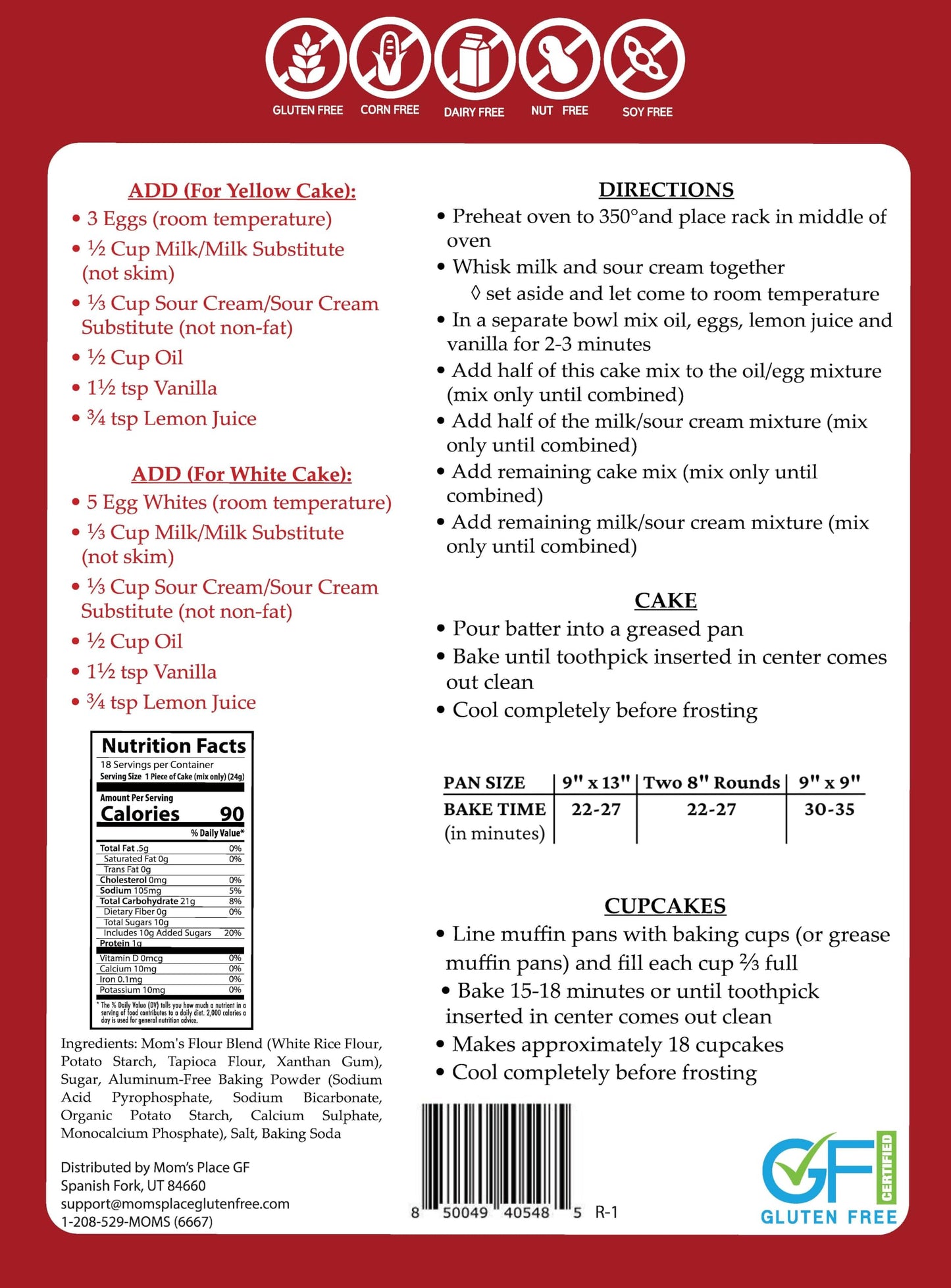 Mom'S Place Gluten-Free Yellow/White Cake Mix - Nut Free, Dairy Free, Corn Free & Soy Free, Dessert Baking Mix, 15.2 Oz