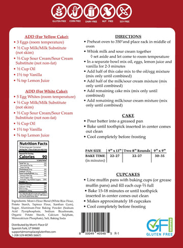 Mom'S Place Gluten-Free Yellow/White Cake Mix - Nut Free, Dairy Free, Corn Free & Soy Free, Dessert Baking Mix, 15.2 Oz