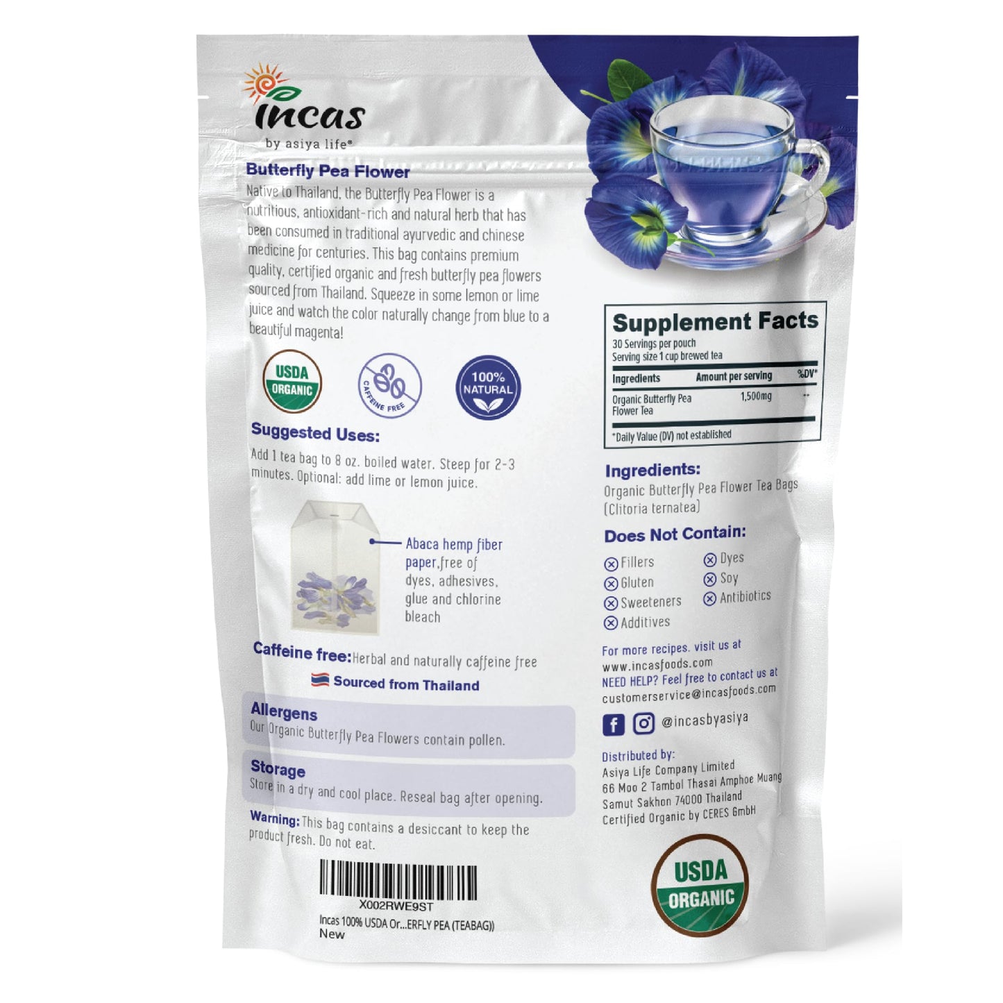 Incas Organic Butterfly Pea Flower Tea - 30 Non-GMO Caffeine-Free Tea Bags from Thailand