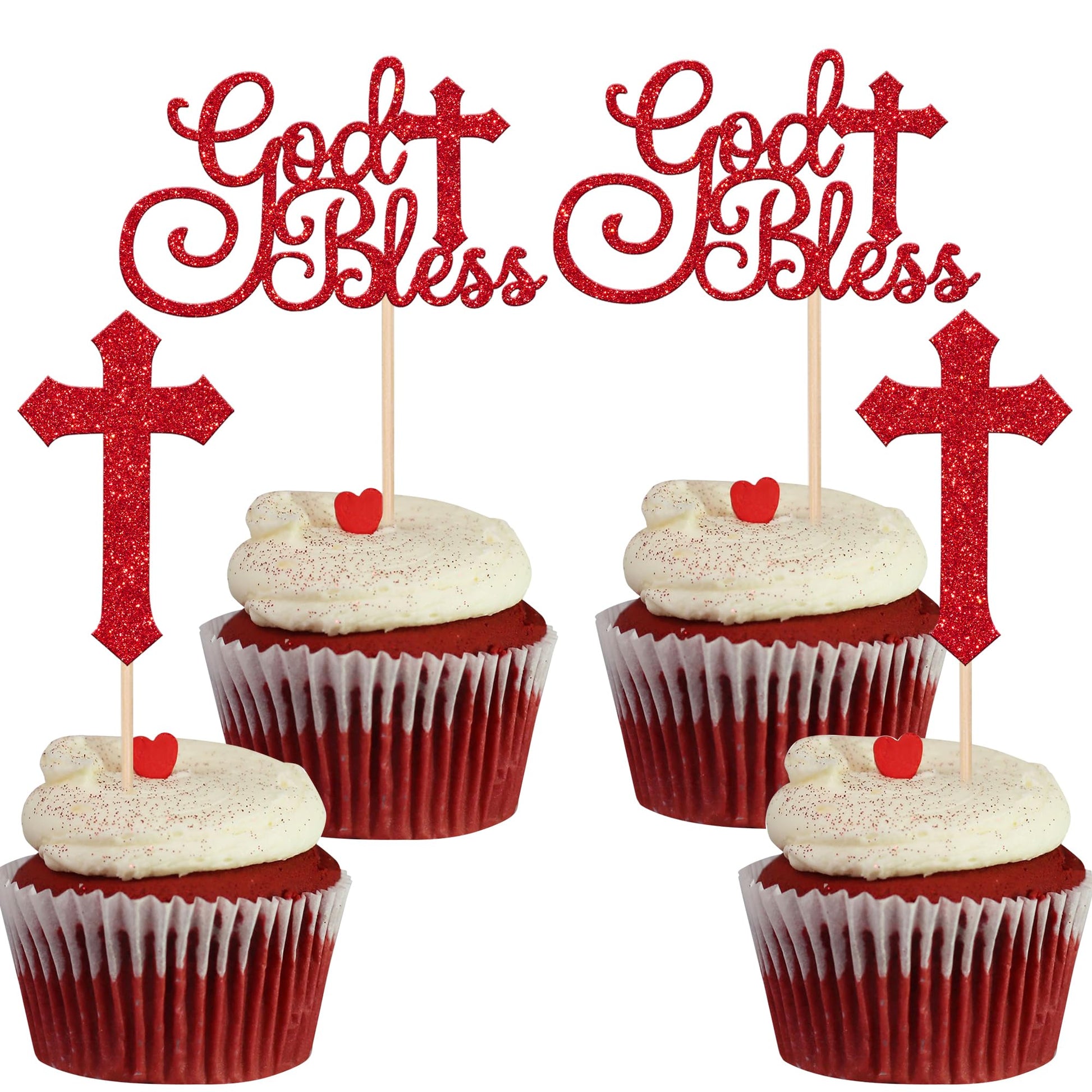 Rsstarxi Cupcake Toppers 24 Pack Glitter Cross Baptism Picks Red Paper Model XM052