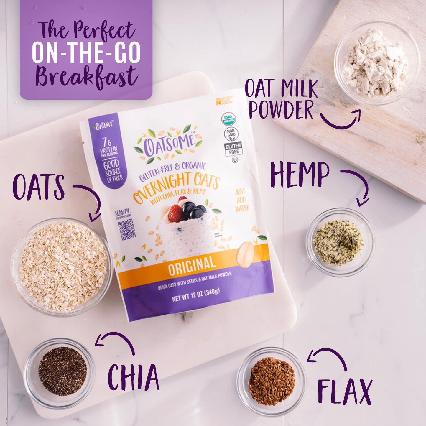 Oatsome Organic Overnight Oats with Chia, Flax, & Hemp, Gluten-Free Oatmeal with 7g of Protein, 12oz Bag