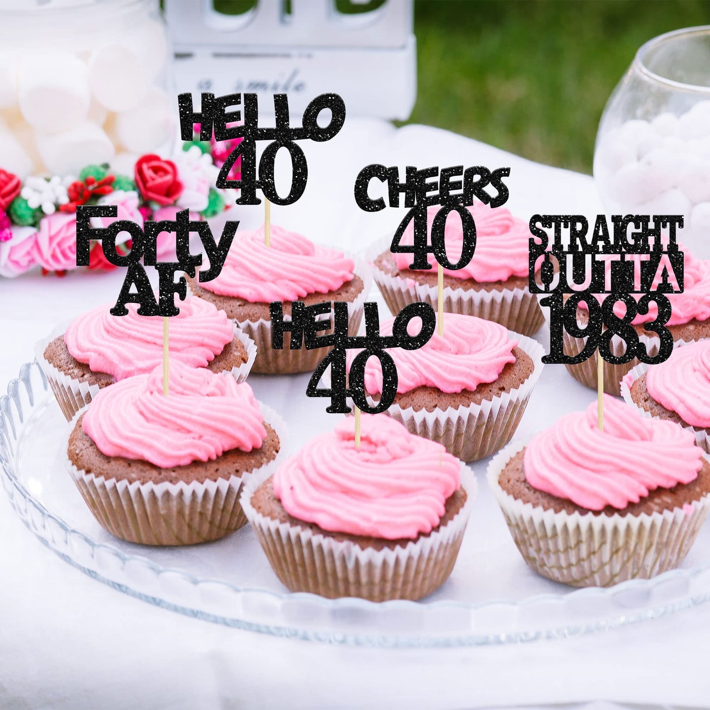 Gyufise 24 Pack Black 40Th Birthday Cupcake Toppers Glitter Forty Hello 40 Straight Outta 1983 Cupcake Picks For Cheers To 40 Bi