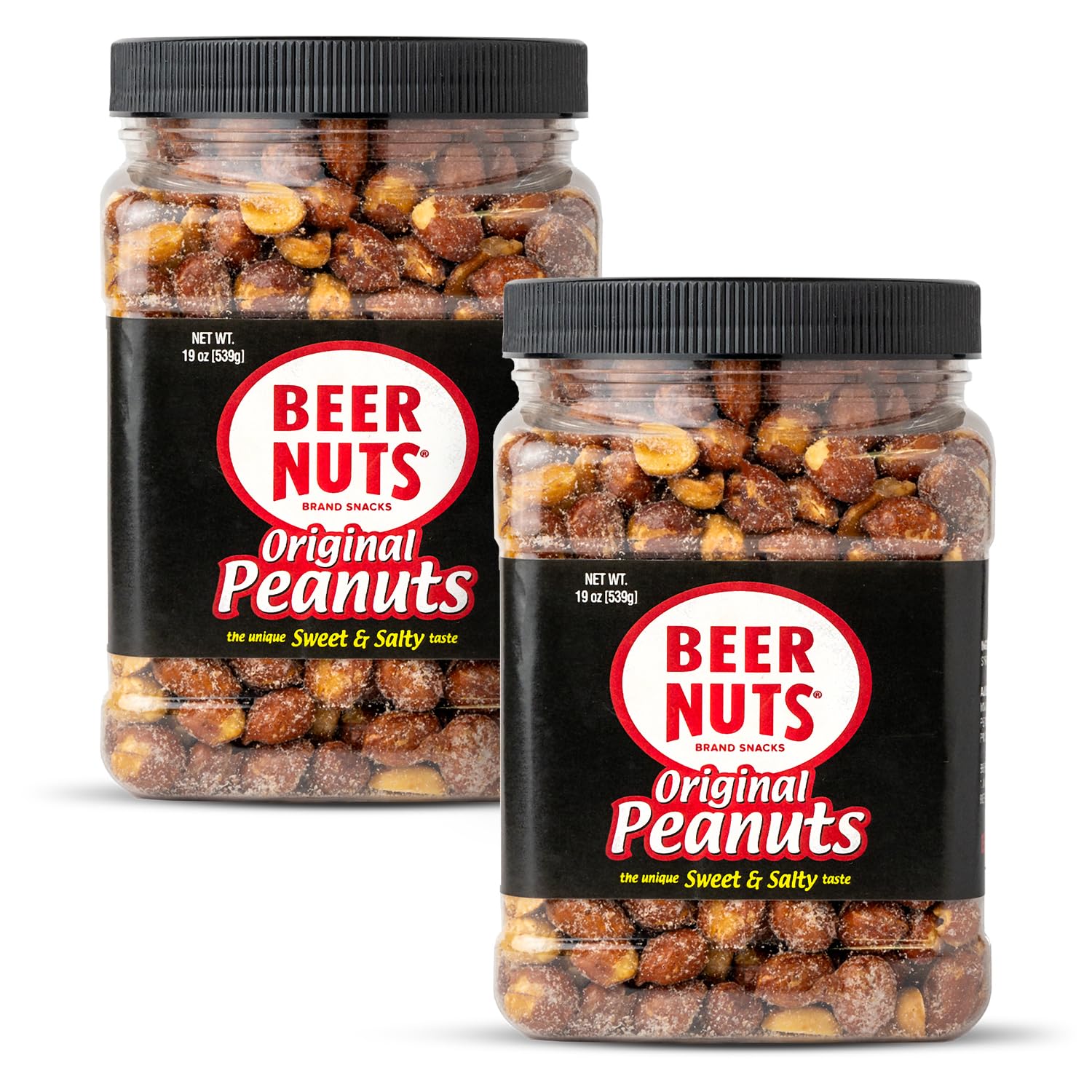 BEER NUTS Original Peanuts - Sweet & Salty Bar Nuts, Gluten Free, Low Sodium, 19oz Resealable Jar, Pack of 2
