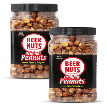 BEER NUTS Original Peanuts - Sweet & Salty Bar Nuts, Gluten Free, Low Sodium, 19oz Resealable Jar, Pack of 2