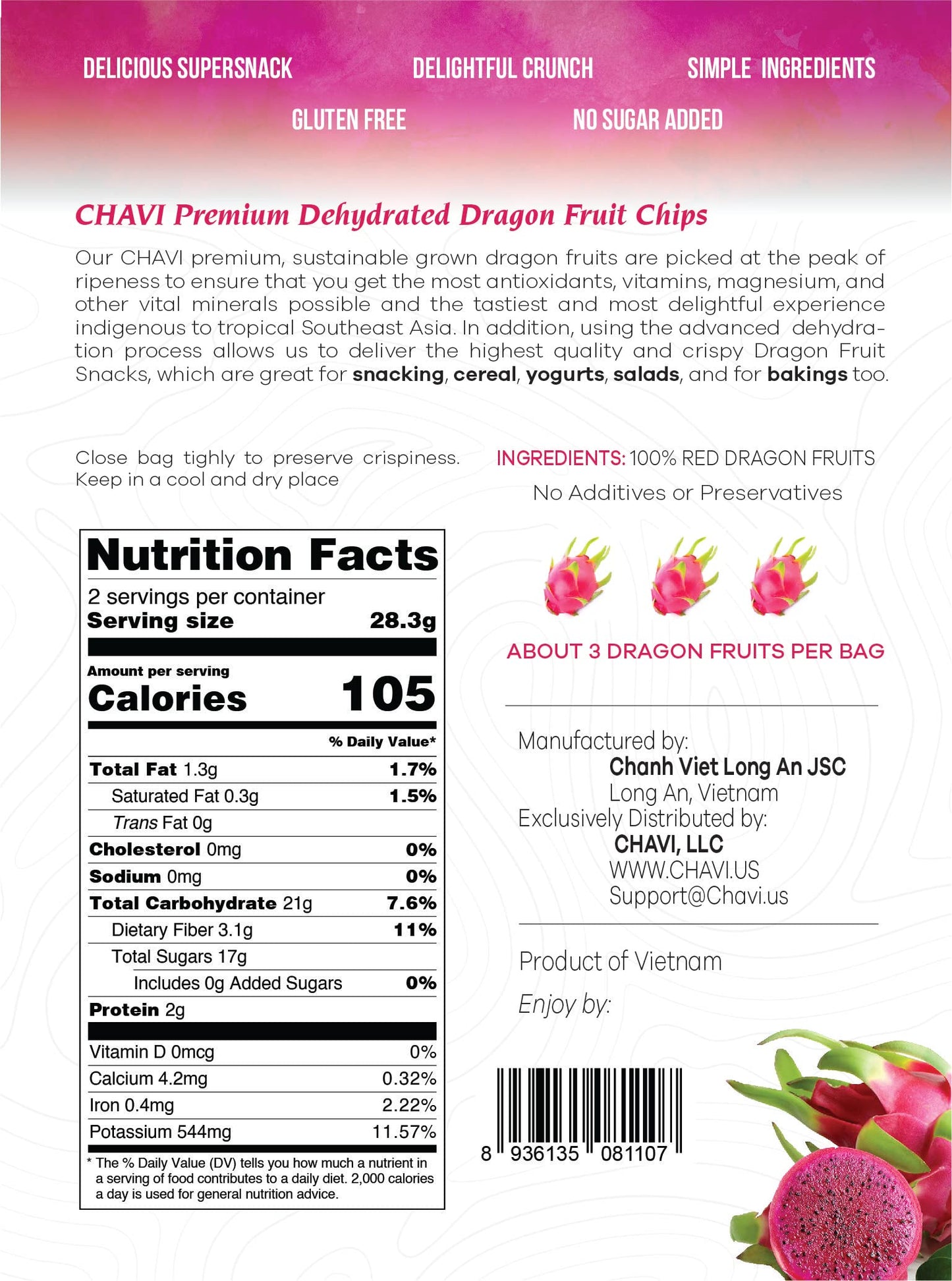 CHAVI Dragon Fruit Chips - Healthy Snack - Non-GMO, Vegan, Gluten-Free - Pack of 3 x 2 Oz
