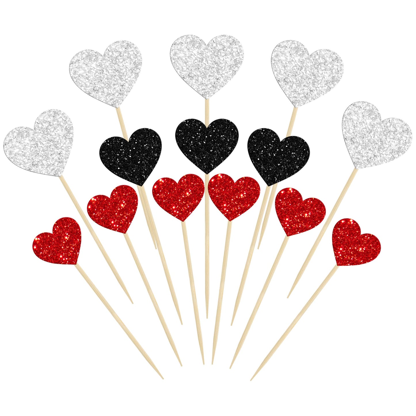 Gyufise Heart Cupcake Toppers, 30Pcs Glitter Cake Picks for Valentines Day, Wedding, Birthday Party - Black Red Silver