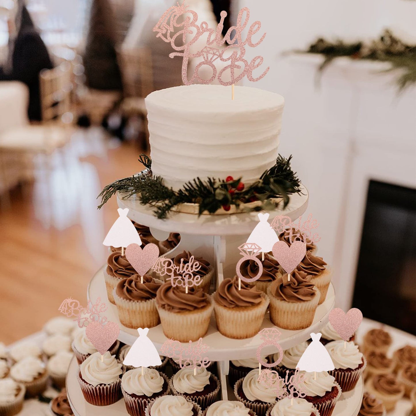 ZHUOWEISM Bride to Be Cupcake Toppers, 25 PCS Rose Gold Glitter Cake Decorations, Small Bamboo Picks for Bridal Shower and Bachelorette Party