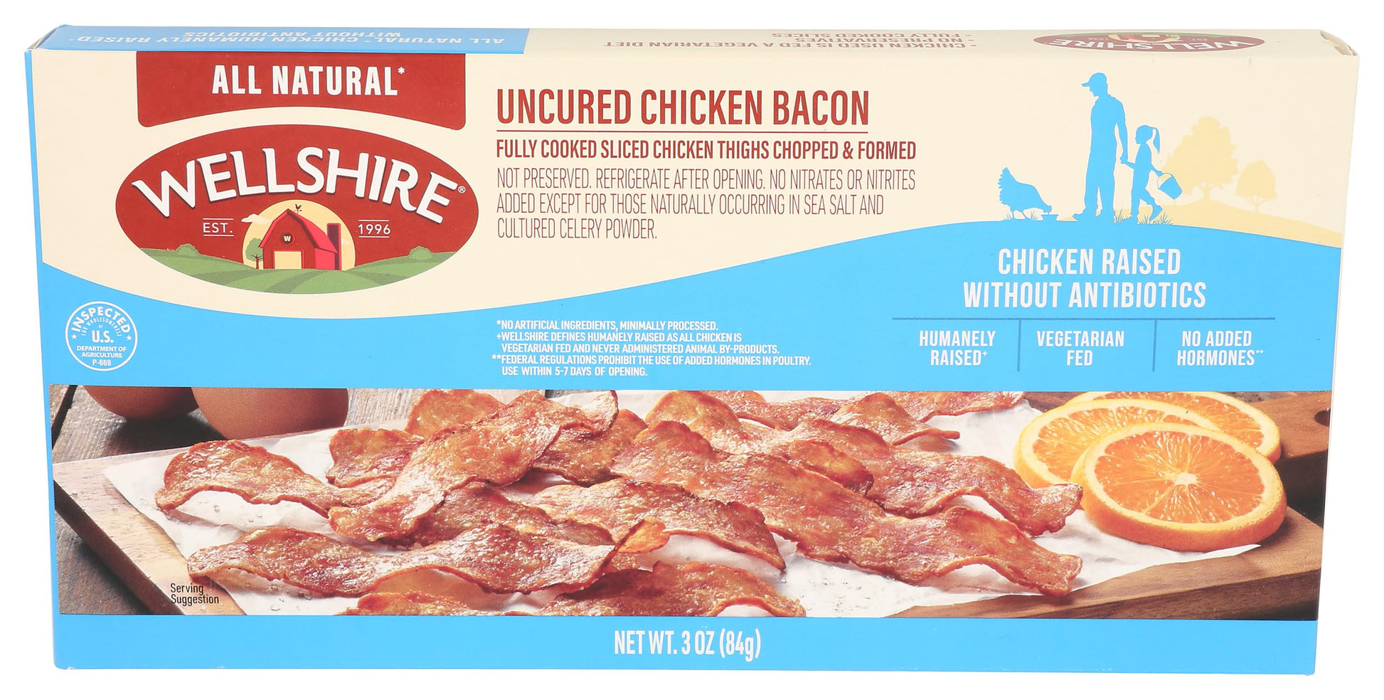 Wellshire Farms, Uncured Chicken Bacon, 3 oz