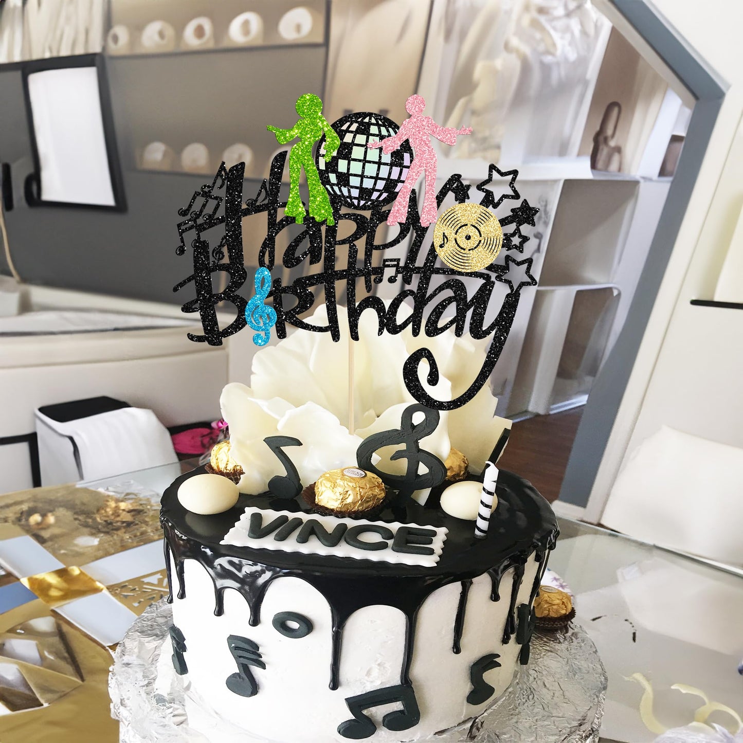 Gyufise 1Pcs Rock Happy Birthday Cake Topper Glitter Music Disco Ball Cake Pick 70'S Disco Dancing Rock Cake Decoration For Rock