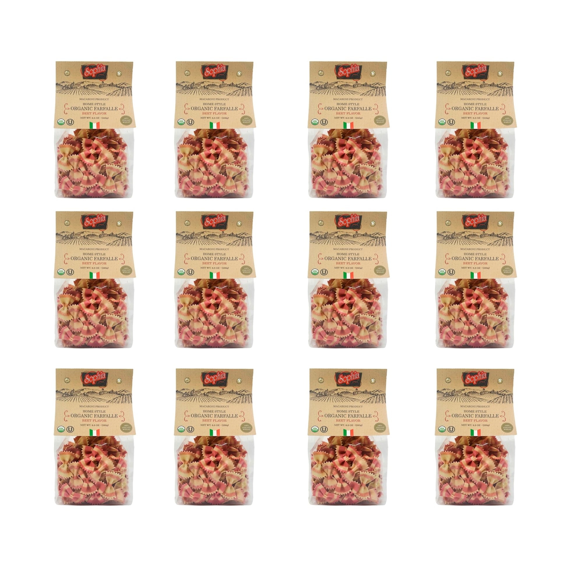Sophia Foods Two-Color Farfalle Pasta, Beet Flavored, 8.8oz Bag - Organic and Artisanal (12-pack)