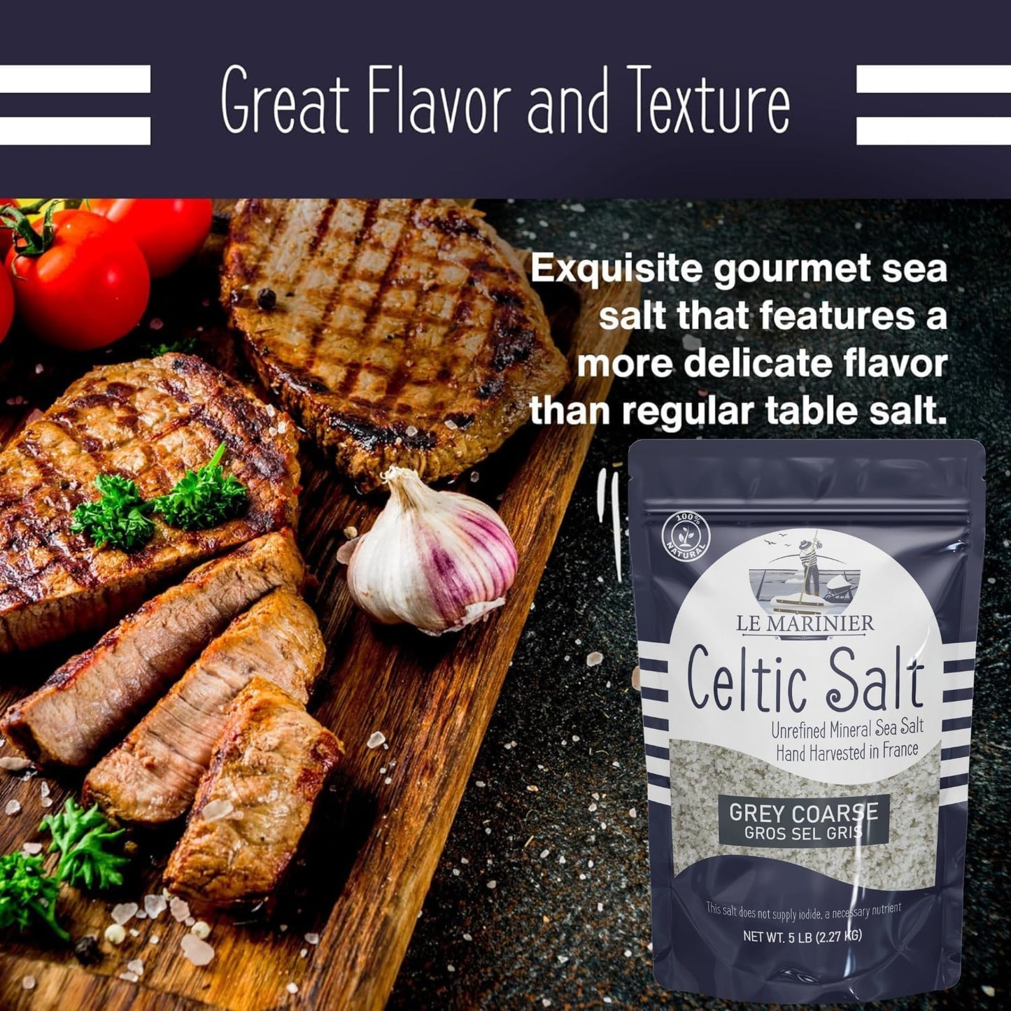 Le Marinier Celtic Salt Organic Grey Coarse, 5lb Mineral Rich 100% Natural and Unrefined French Sea Salt Organic. Hand Harvested