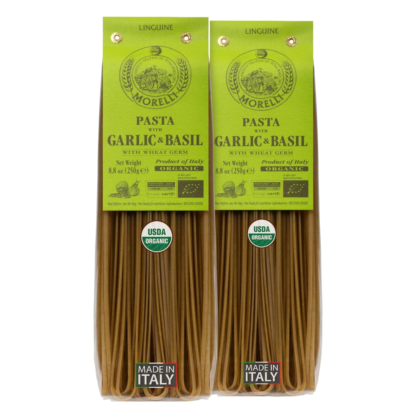 MORELLI Organic Garlic and Basil Linguine Pasta - 8.8oz (Pack of 2) - Italian Basil Green - Handmade Durum Wheat Semolina