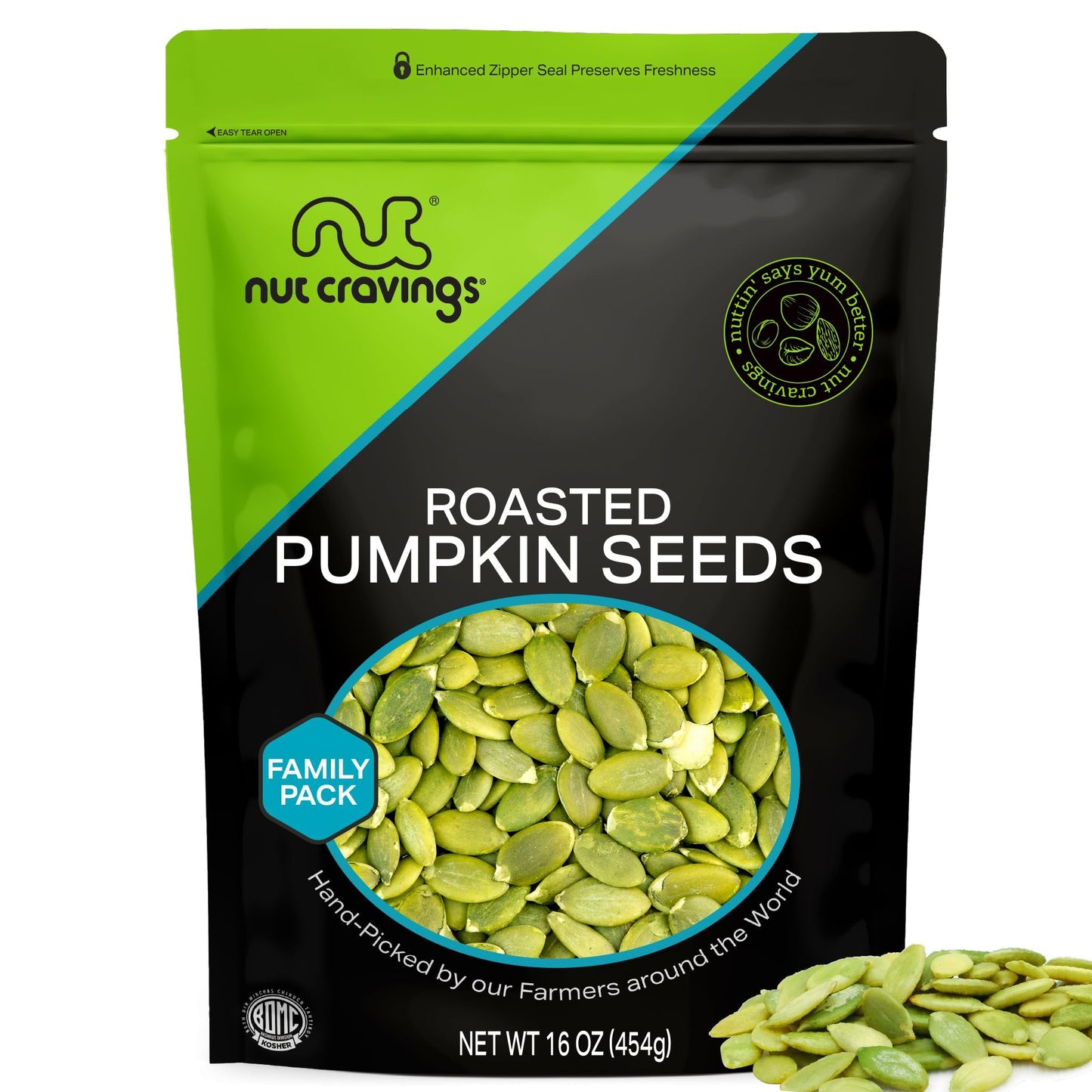 NUT CRAVINGS - Roasted & Unsalted Pumpkin Seeds, Pepitas, No Shell (16oz - 1 LB) Packed Fresh in Resealable Bag - Nut Snack - Fo